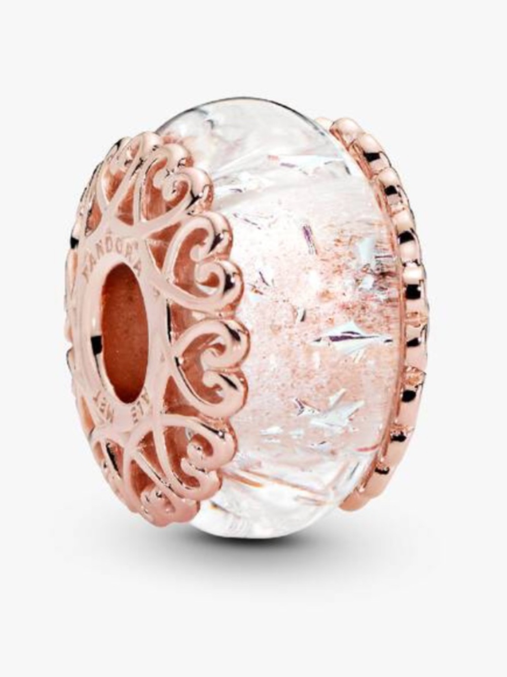Authentic Retired Pandora Charm Rose Gold Iridescent White Murano Glass Charm
